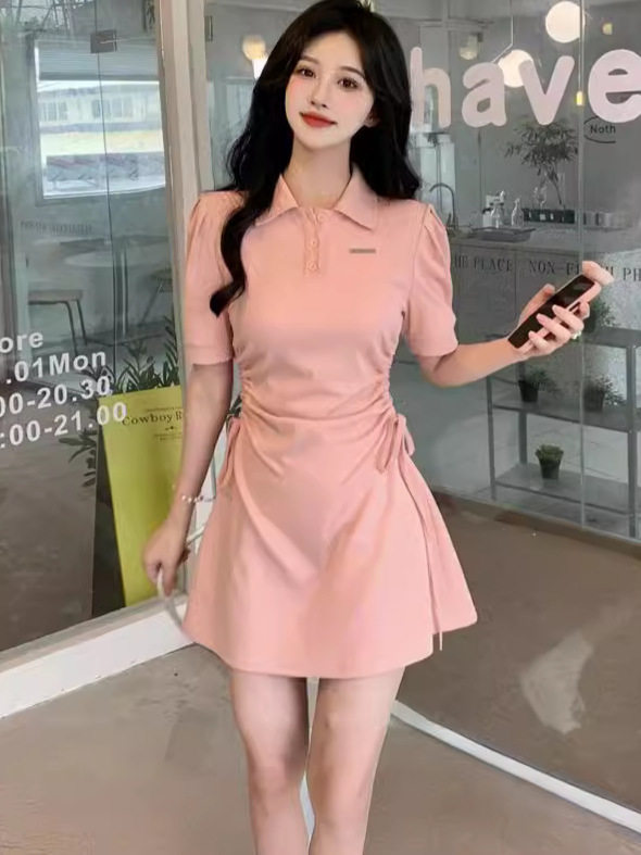 Sweet and Spicy Slim Short-Sleeved Polo Collar Button Fashion Short-Sleeved Dress for Women Spring and Summer New Waist Slimming Look Short Skirt for Women